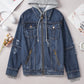 Dark Blue Fake Two-Piece Hooded Zip-Up Denim Jacket