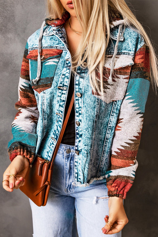 Rustic Aztec Print Frayed Hem Denim Jacket