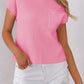 Pink Patch Pocket Ribbed Knit Short Sleeve Sweater