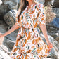 Abstract Printed Puff Sleeve Button Up Braided Belt Mini Dress