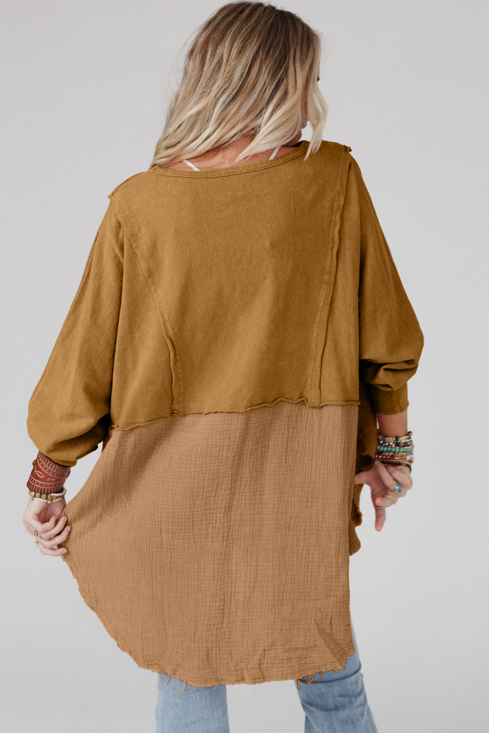 Camel Splicing Raw Hem High Low Oversized Blouse