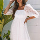 White Floral Lace Puff Sleeve Empire Waist Mini Dress