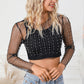 Apricot Pearl and Rhinestone Detail Sheer Mesh Top