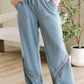 Dusk Blue Lace Crochet Patched Lace-up High Waist Wide Leg Pants