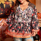 Black Plus Size Paisley Floral Print V Neck Bubble Sleeve Blouse