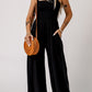 Black Smocked Sleeveless Wide Leg Jumpsuit with Pockets