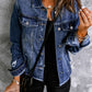 Blue Lapel Distressed Raw Hem Buttons Denim Jacket