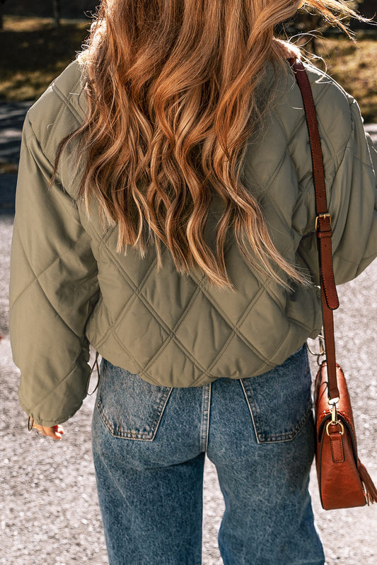 Olive Green Teddy Collar Flap Pockets Quilted Puffer Jacket