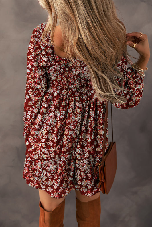Deep Red Floral Print Sweetheart Mini Dress