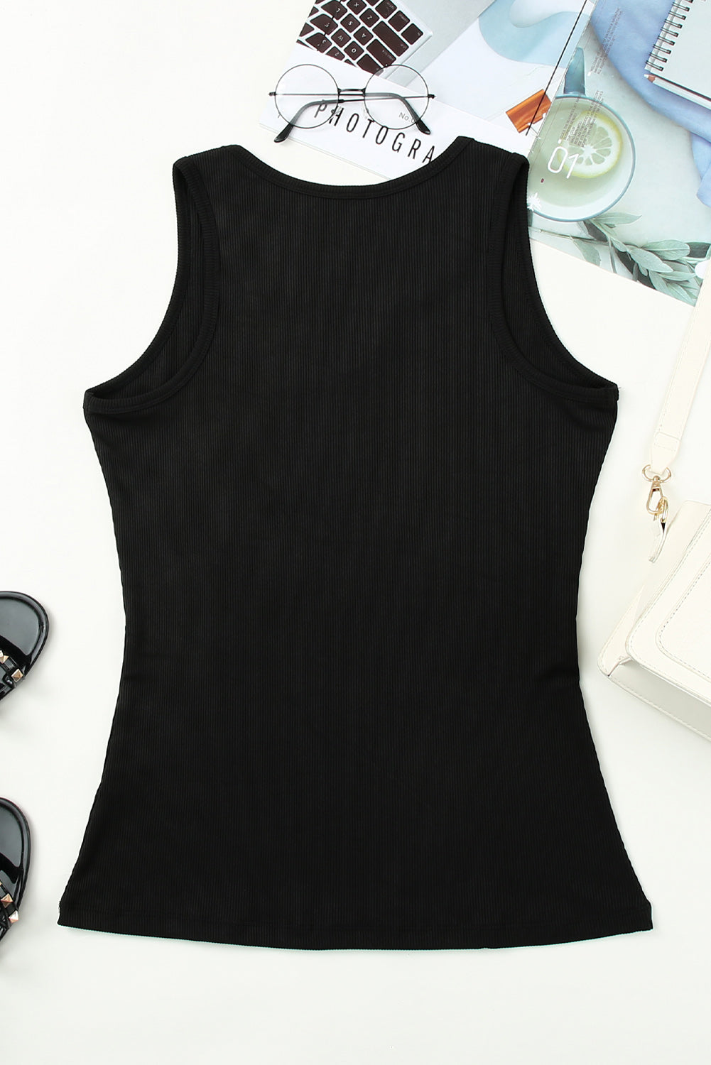 Black Split Neck Ribbed Knit Tank Top