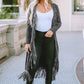 Black Fringed Hem Pocketed Open Cardigan