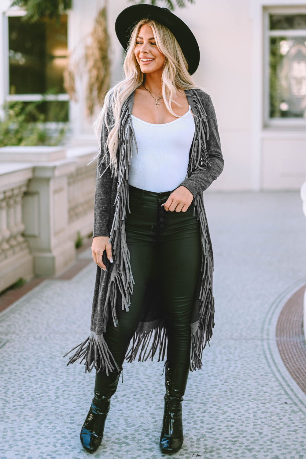 Black Fringed Hem Pocketed Open Cardigan