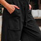 Black Mineral Wash Exposed Seam Drawstring High Waist Wide Leg Cargo Pants