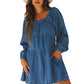 Dusk Blue Square Neck Side Pockets Loose Fit Denim Mini Dress