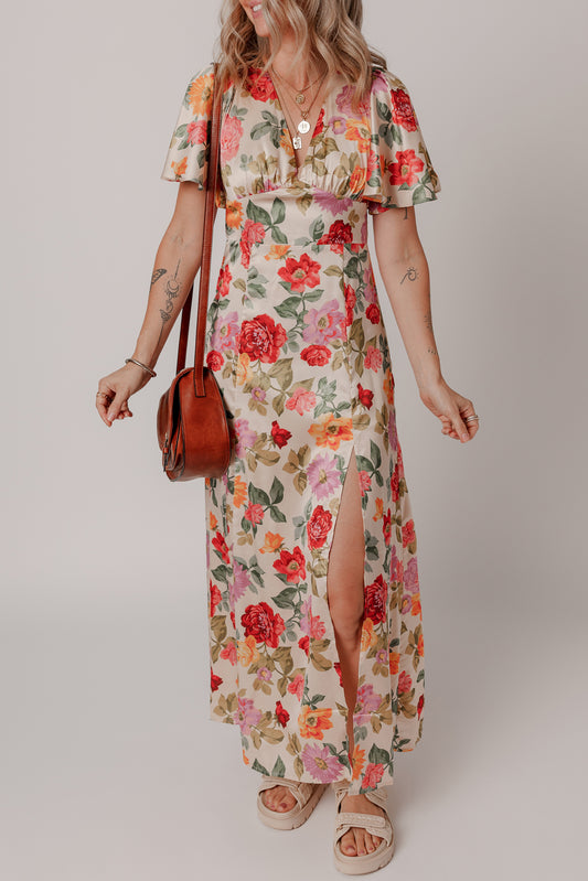 Floral Vintage Floral V Neck Short Sleeve Tie Back Long Slit Dress