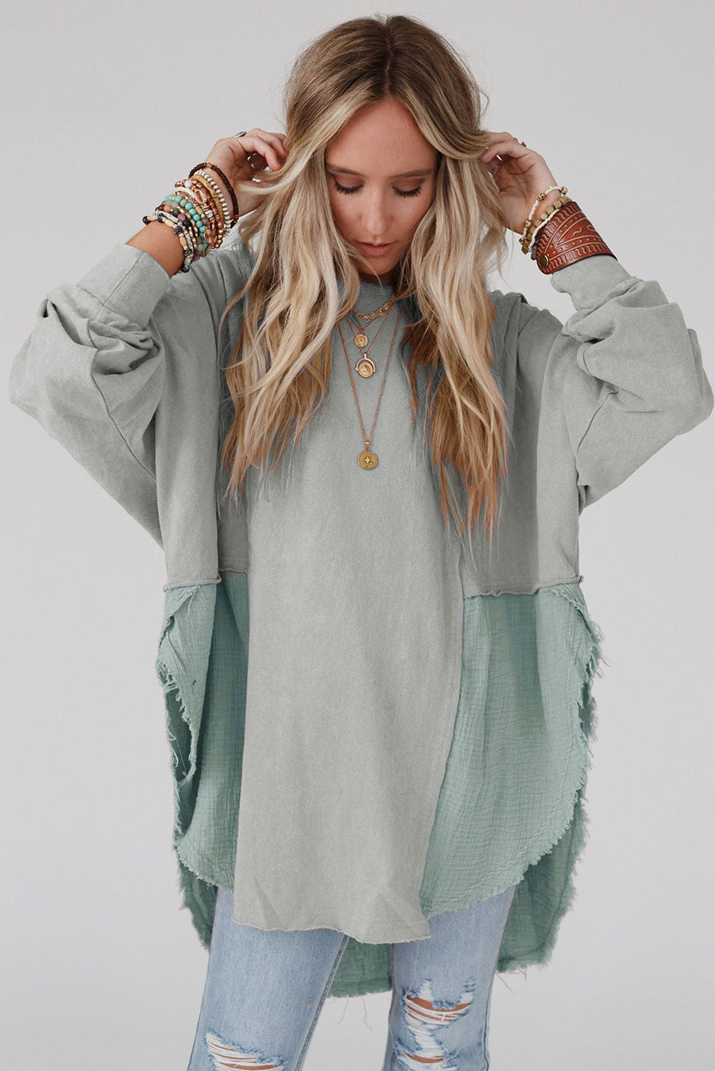 Sage Splicing Raw Hem High Low Oversized Blouse