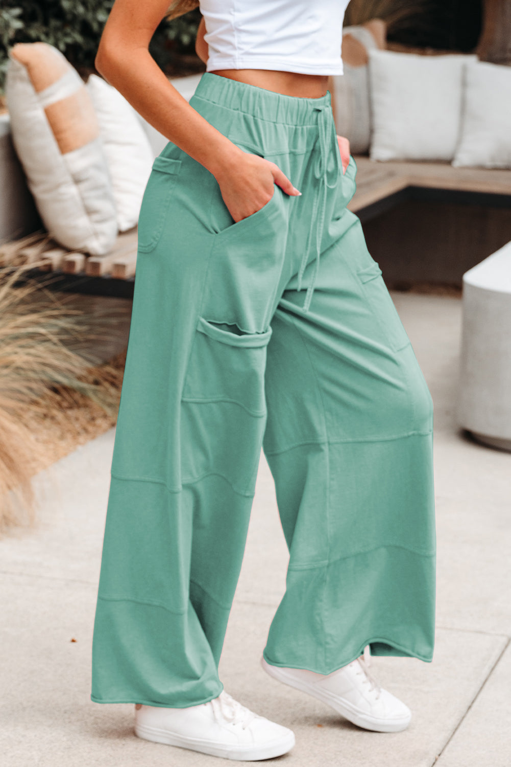 Black Mineral Wash Exposed Seam Drawstring High Waist Wide Leg Cargo Pants