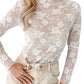 Black Sheer Floral Lace Mesh Mock Neck Long Sleeve Top