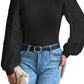 Black Sunflower Mesh Bubble Sleeve Waffle Knit Top