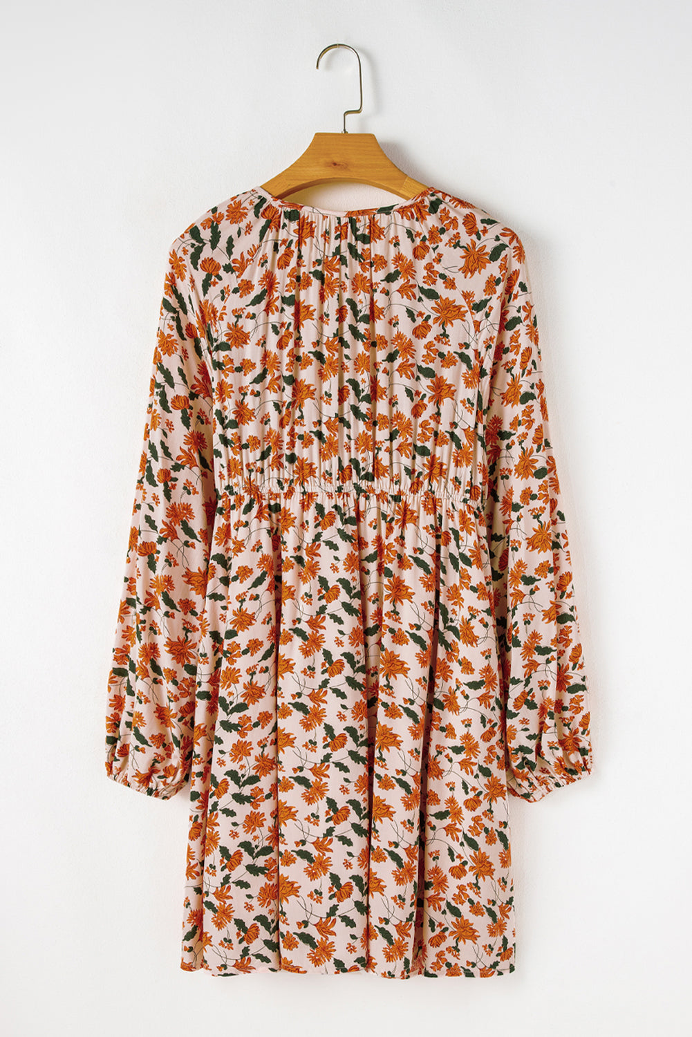 Beige Floral Bubble Sleeve Babydoll Dress