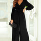 Black Cutout Back Belted V Neck Wide Leg Jumpsuit