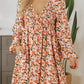 Beige Floral Bubble Sleeve Babydoll Dress
