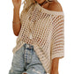 Apricot Fishnet Knit Ribbed Round Neck Short Sleeve Sweater Tee