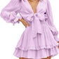 Deep V Neck Lantern Sleeve Knotted Tiered Mini Dress