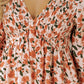 Beige Floral Bubble Sleeve Babydoll Dress