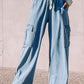 Sky Blue Drawstring High Waist Cargo Pocket Wide Leg Jeans