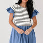 Striped Ruffle Denim Patchwork Round Neck Mini Dress