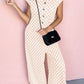 Brown Checkered Print Buttoned Crew Neck Wide Leg Jumpsuit