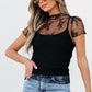 Black Floral Sheer Mesh Short Sleeve Mock Neck Blouse