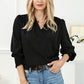 Black Solid Surplice Neck Shirred Cuffs Draped Blouse