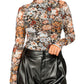 Brown Floral Long Sleeve High Neck Sheath Mesh Blouse