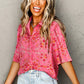 Rose Red Floral Print Wide Short Sleeve Loose Shirt