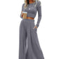 Gray Solid Color Ribbed Crop Top Long Pants Set