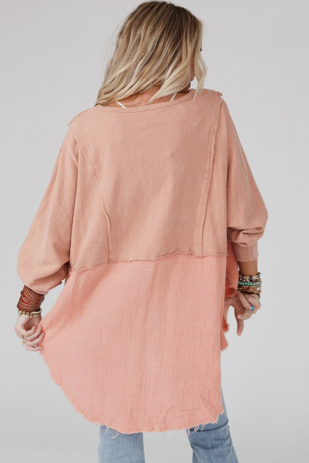 Coral Pink Splicing Raw Hem High Low Oversized Blouse