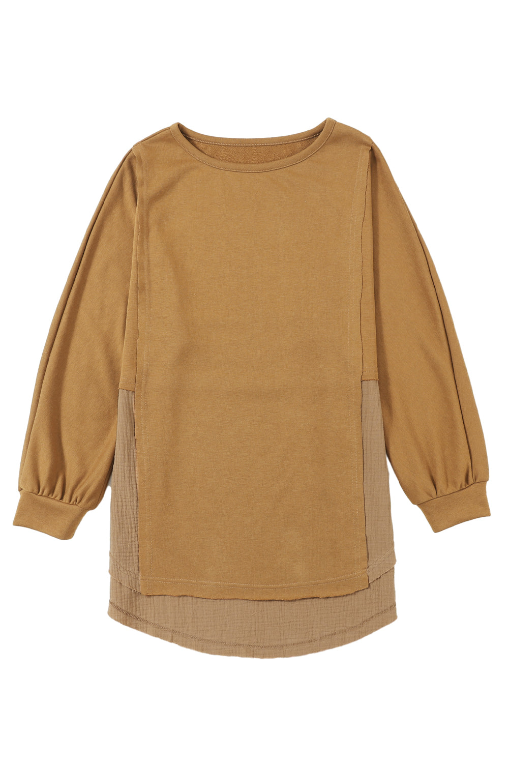 Camel Splicing Raw Hem High Low Oversized Blouse