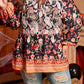 Black Plus Size Paisley Floral Print V Neck Bubble Sleeve Blouse