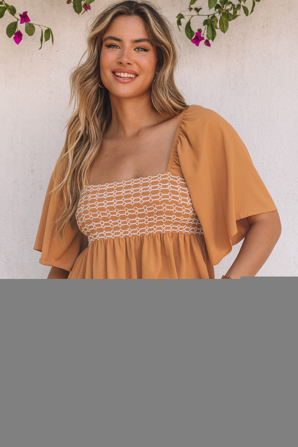 Dusty Tan Square Neck Wide Sleeves Flowy Top