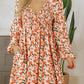 Beige Floral Deep V Neck Smocked Bust Bubble Sleeve Babydoll Dress