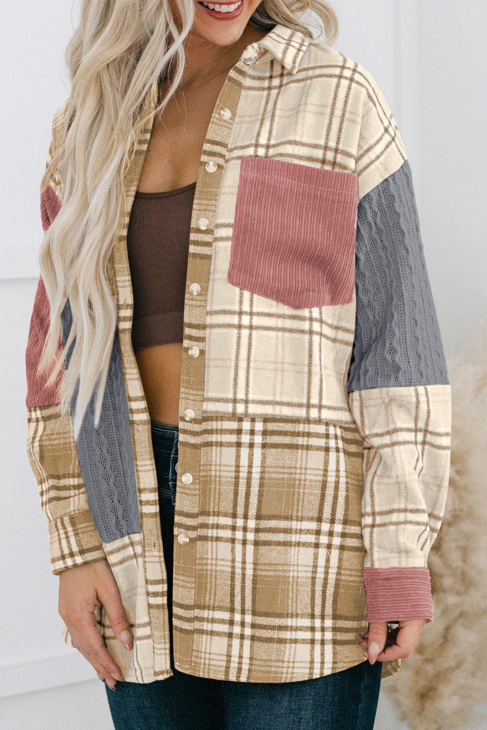 Burnt Orange Plaid Patchwork Shirt Jacket with Pocket Multiple Colors Available