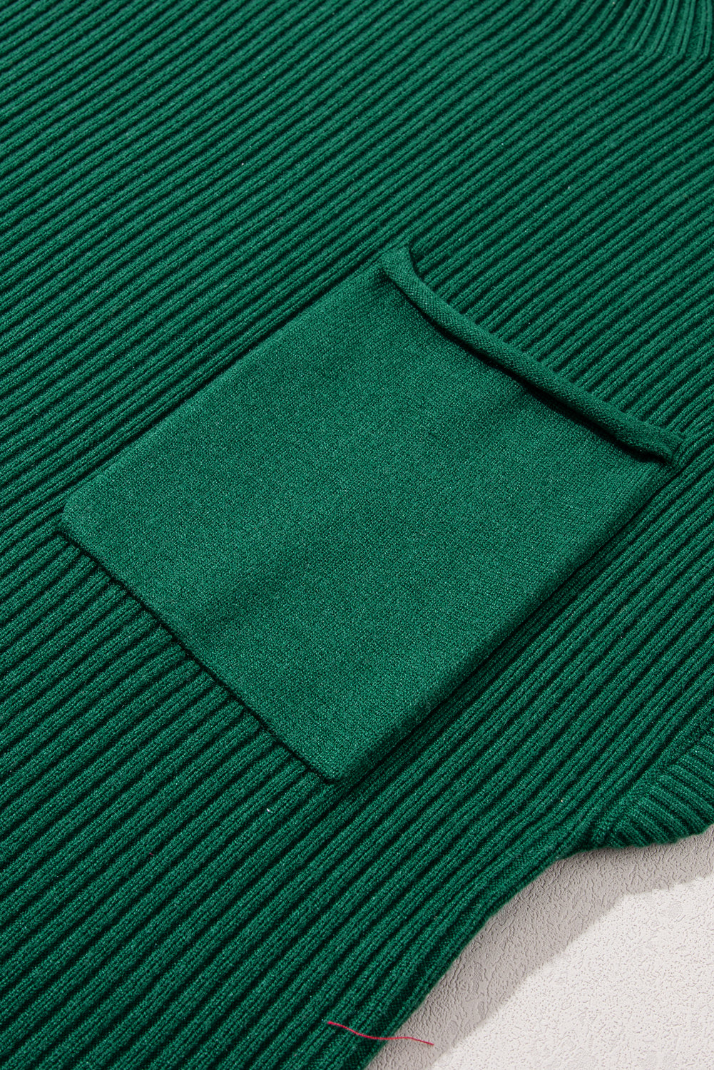 Deep Green Patch Pocket Ribbed Knit Short Sleeve Sweater