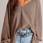 Coffee Waffle V Neck Long Sleeve Drop Shoulder Loose Blouse