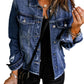 Blue Lapel Distressed Raw Hem Buttons Denim Jacket