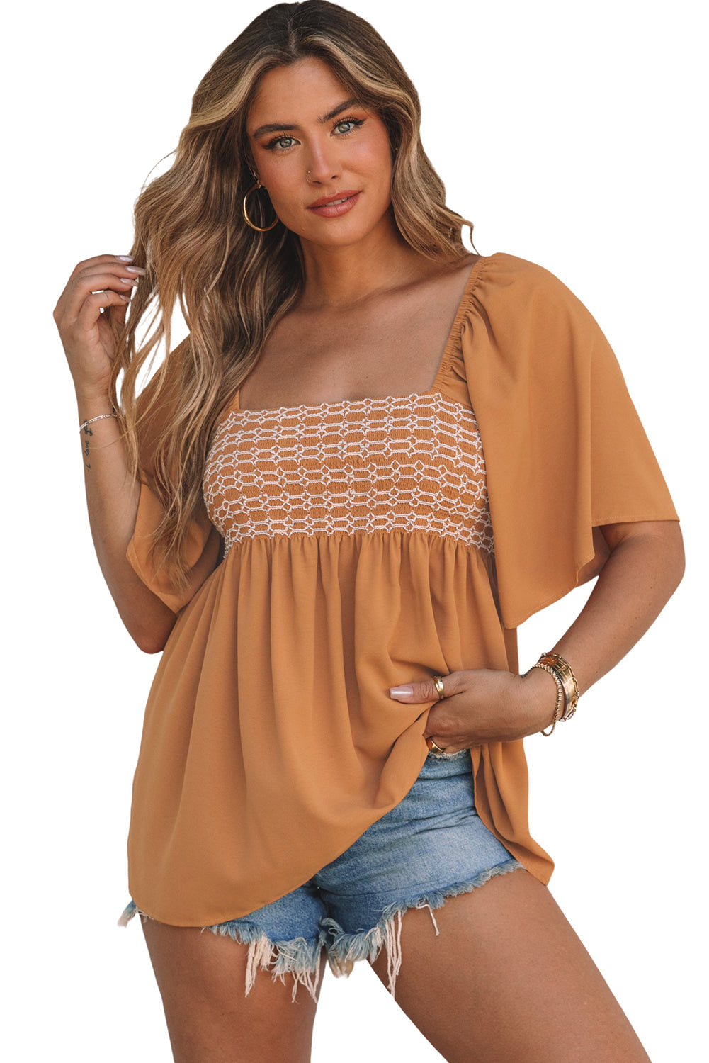 Dusty Tan Square Neck Wide Sleeves Flowy Top