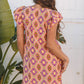 Tangerine Geometric Floral V Neck Buttoned Ruffled Sleeve Mini Dress