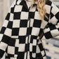 Black Checkered Side Pockets Collared Buttoned Fleece Jacket