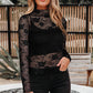 Black Sheer Floral Lace Mesh Mock Neck Long Sleeve Top